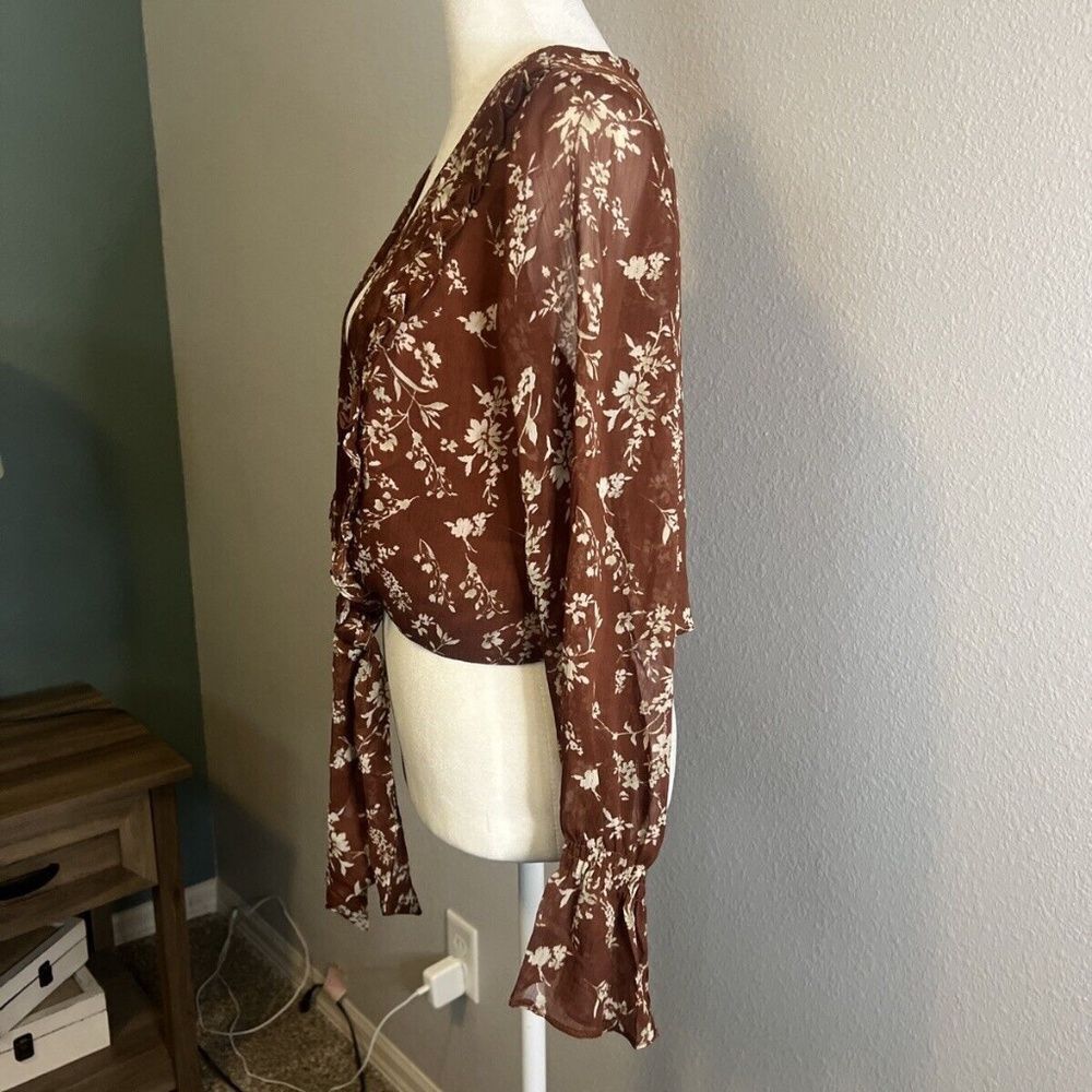 Princess Polly Brown/Rust Floral Ruffle Wrap Shirt Size 4 - Picture 4 of 9